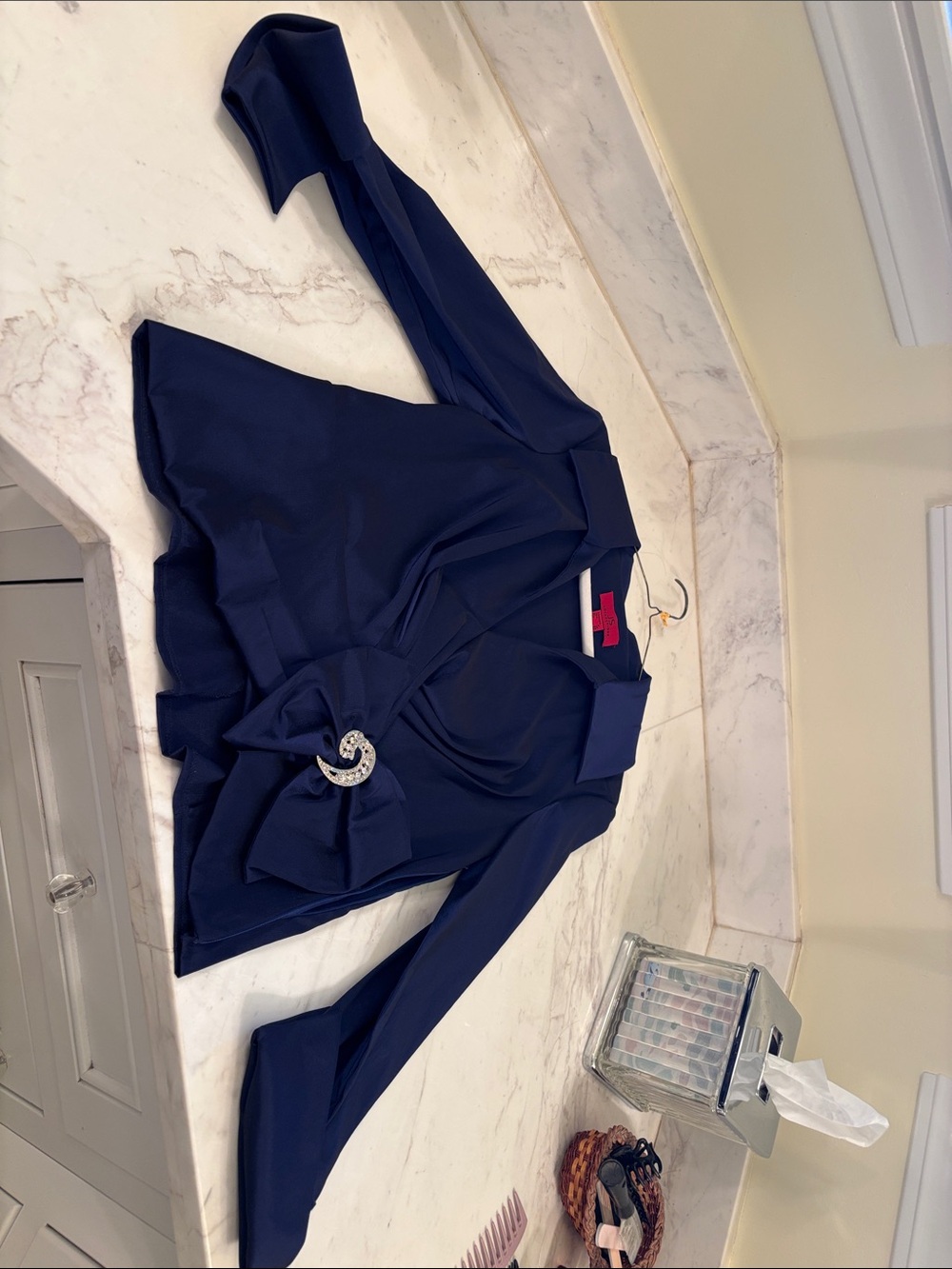 JS Collections Navy Draped Blouse with Rhinestone Buckle